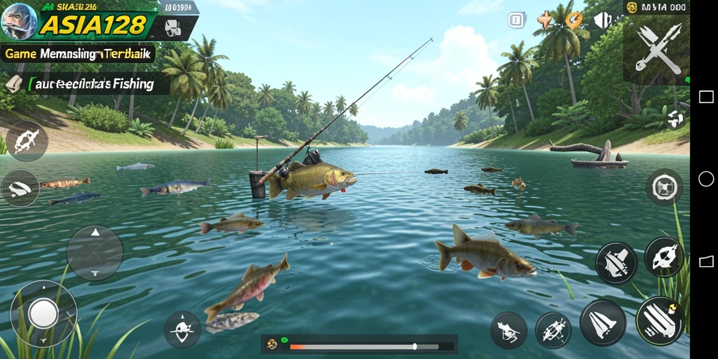 Tampilan gameplay ASIA128 dengan pemandangan memancing yang menawan.