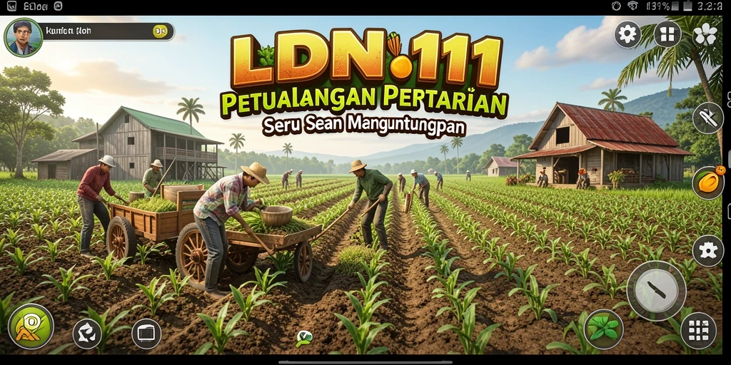 Screenshot gameplay LDN11 menampilkan pertanian yang subur dan aktivitas petani.