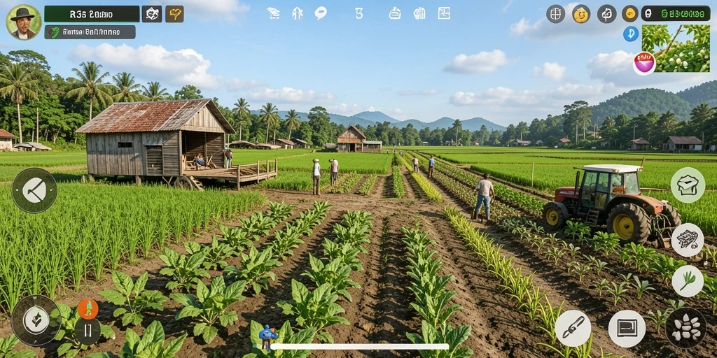 Tampilan gameplay <strong>RR33</strong> yang menampilkan aktivitas pertanian yang seru dan interaktif.