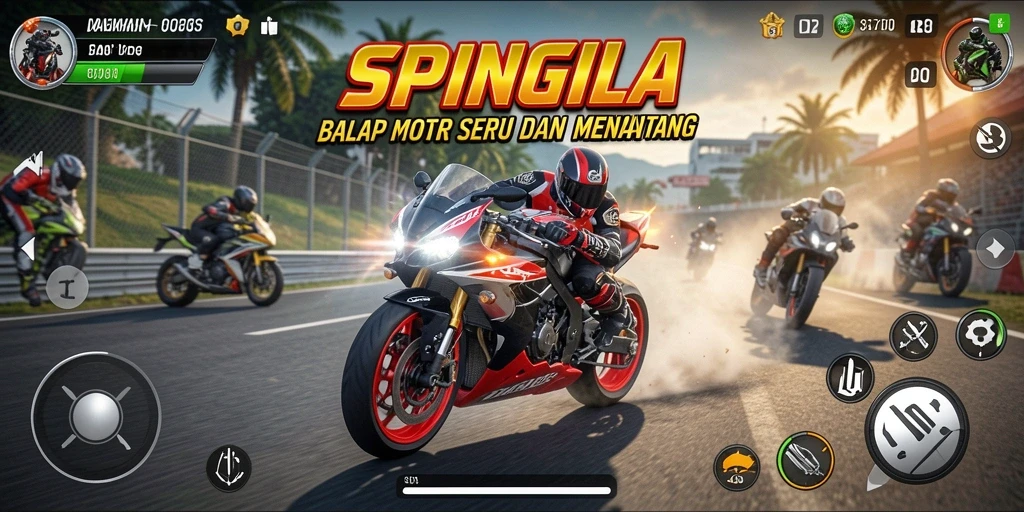 Screenshot gameplay SPINGILA menampilkan aksi balap motor yang mendebarkan.